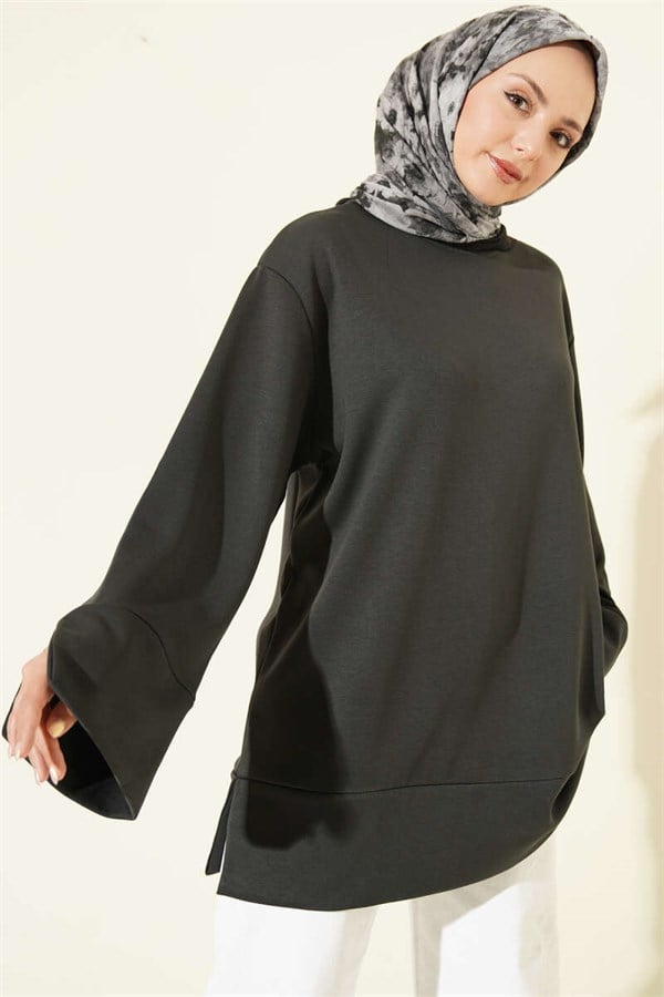 Crew Neck Tunic with Slit Detail, Dark Gray