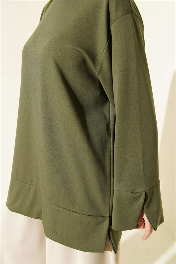 Crew Neck Tunic with Slit Detail, Khaki