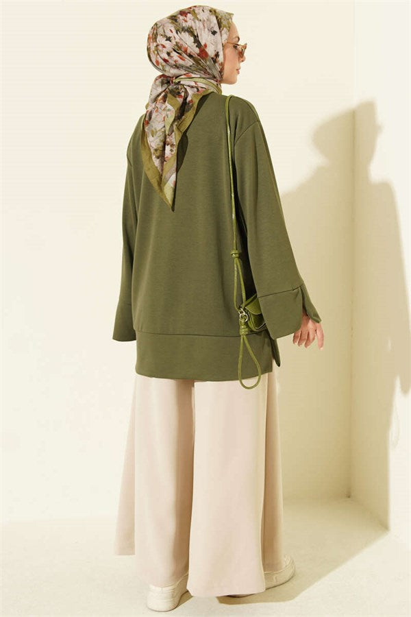 Crew Neck Tunic with Slit Detail, Khaki