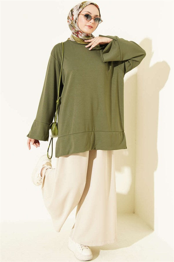 Crew Neck Tunic with Slit Detail, Khaki