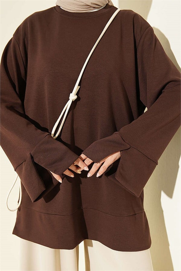 Crew Neck Tunic with Slit Detail, Brown