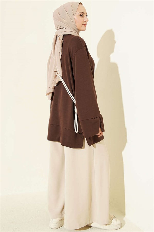 Crew Neck Tunic with Slit Detail, Brown