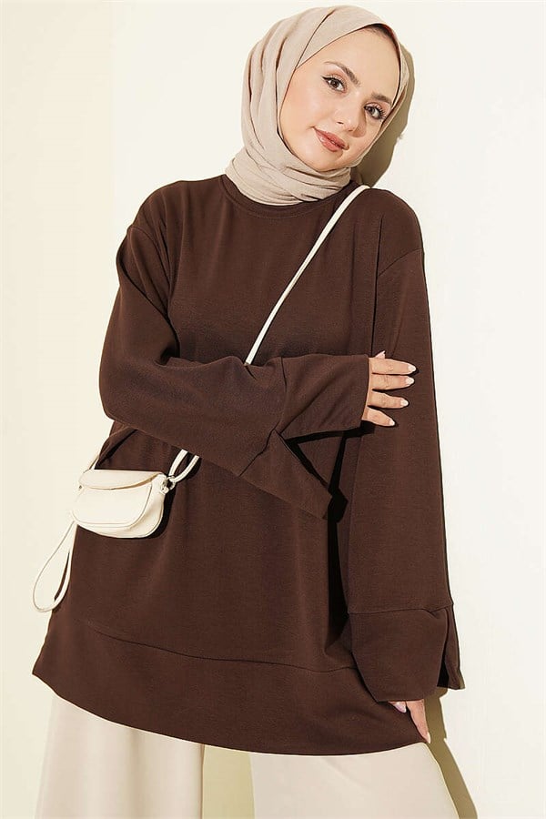 Crew Neck Tunic with Slit Detail, Brown