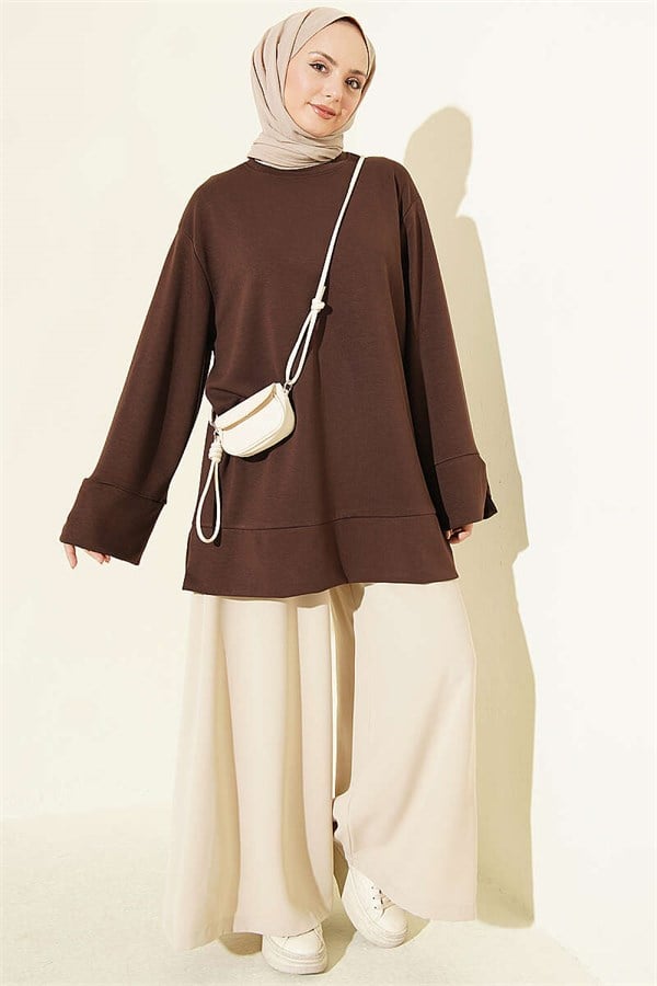 Crew Neck Tunic with Slit Detail, Brown
