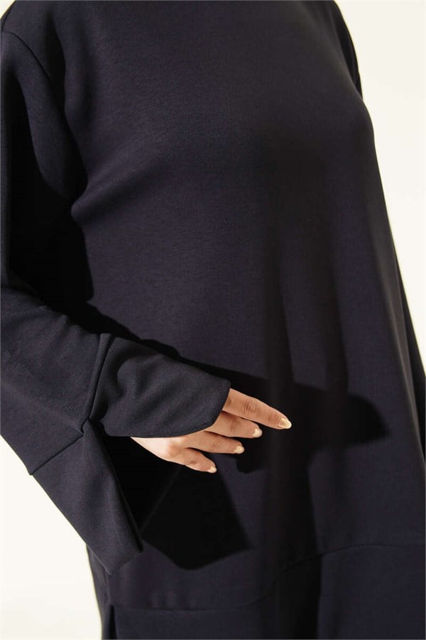 Navy Blue Tunic with Crew Neck and Slit Detail