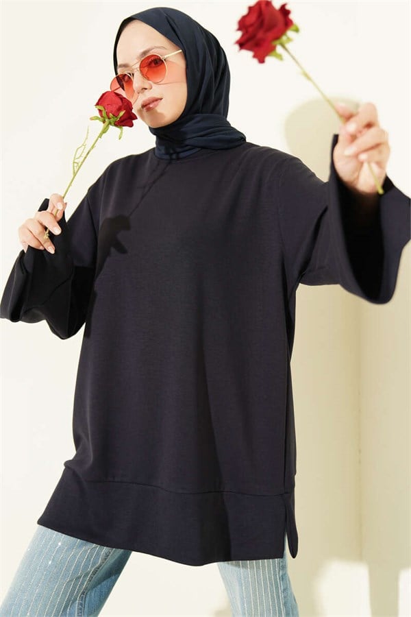 Navy Blue Tunic with Crew Neck and Slit Detail
