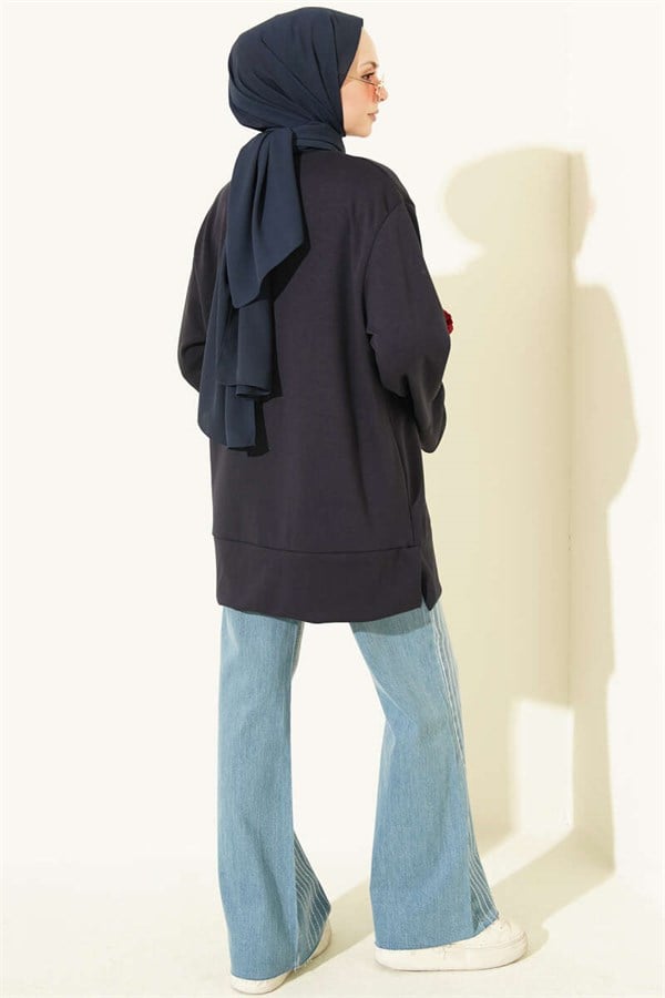 Navy Blue Tunic with Crew Neck and Slit Detail
