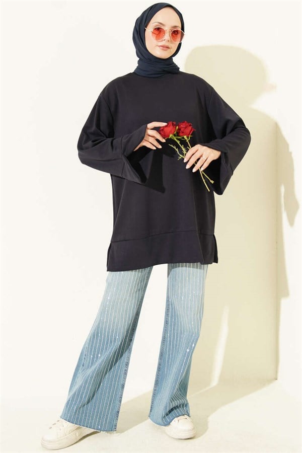 Navy Blue Tunic with Crew Neck and Slit Detail
