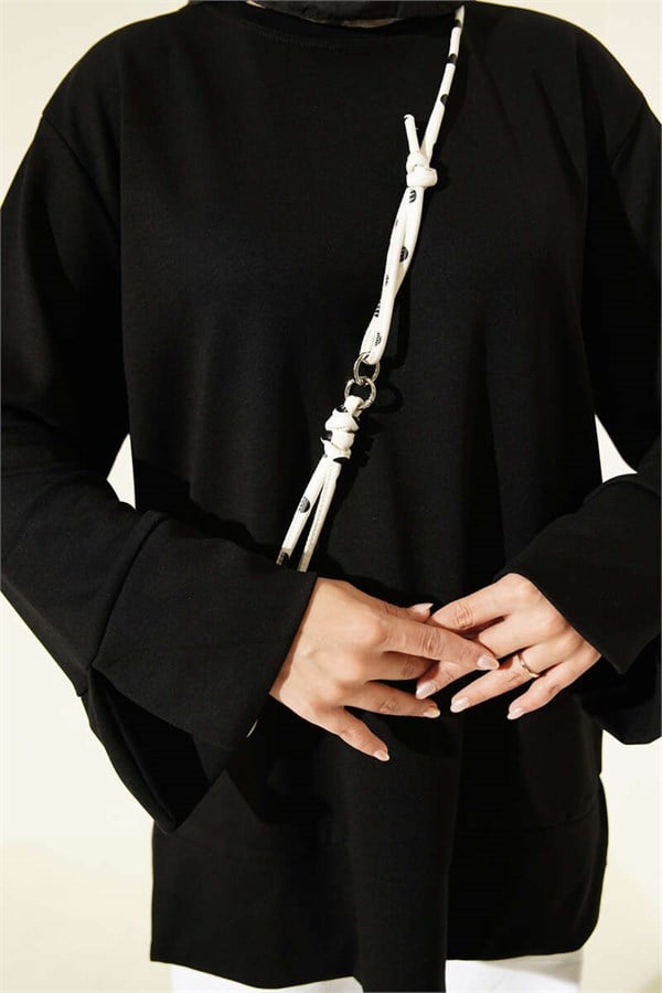 Crew Neck Tunic with Slit Detail, Black