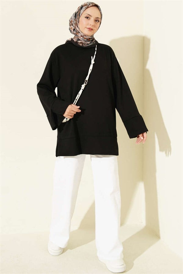 Crew Neck Tunic with Slit Detail, Black