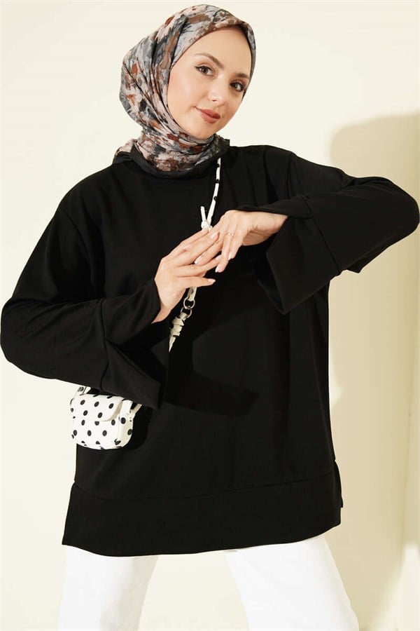 Crew Neck Tunic with Slit Detail, Black
