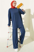 Crew Neck Slit Basic 2 Piece Set Navy Blue