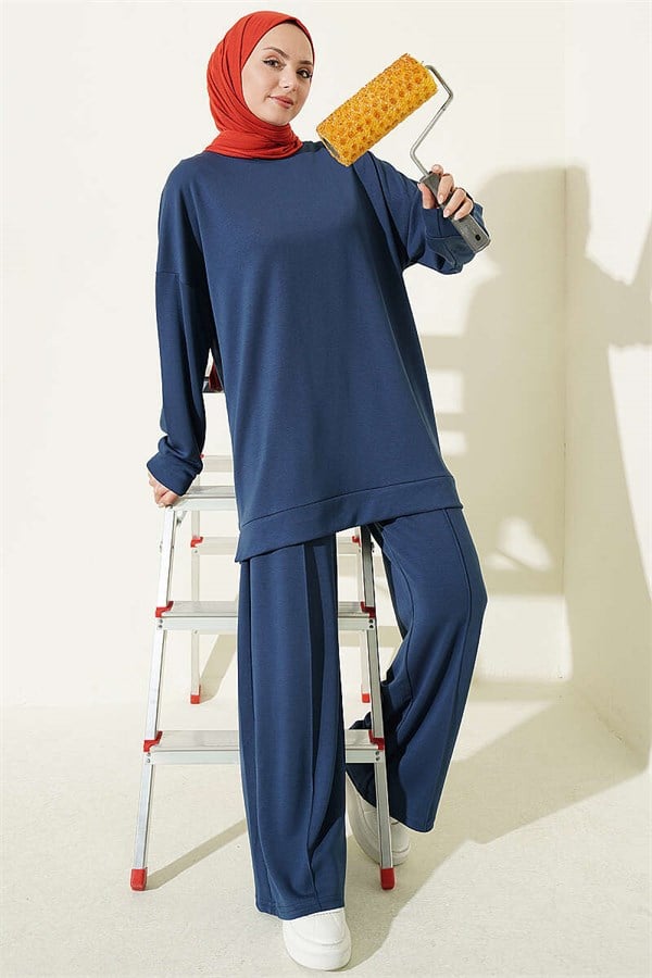 Crew Neck Slit Basic 2 Piece Set Navy Blue