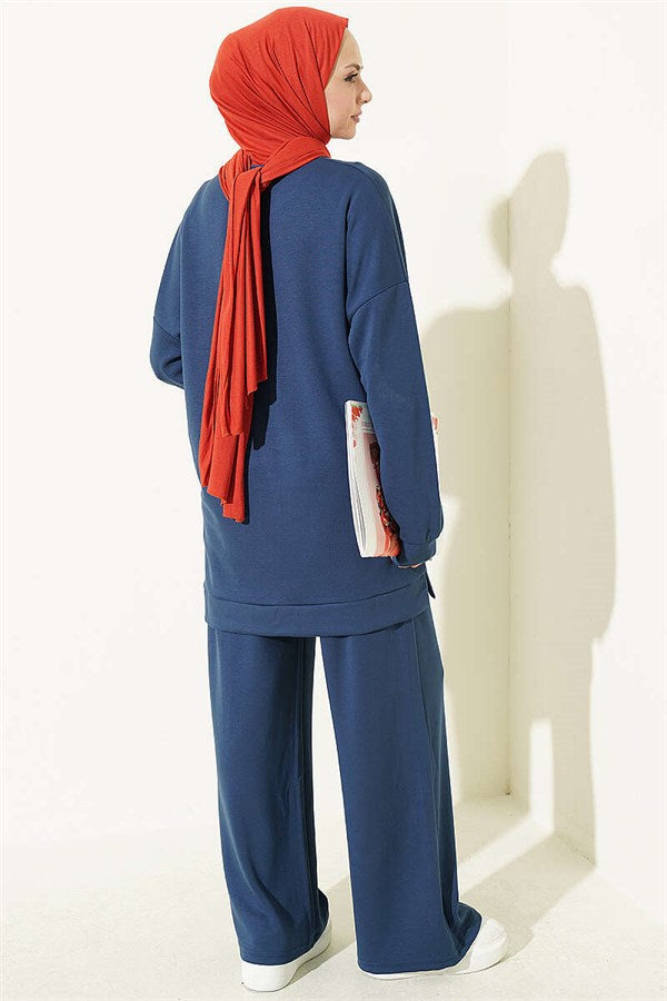 Crew Neck Slit Basic 2 Piece Set Navy Blue