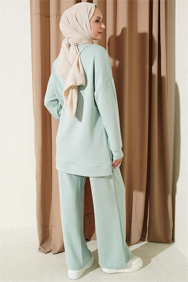 Crew Neck Slit Basic 2 Piece Set, Aqua Green