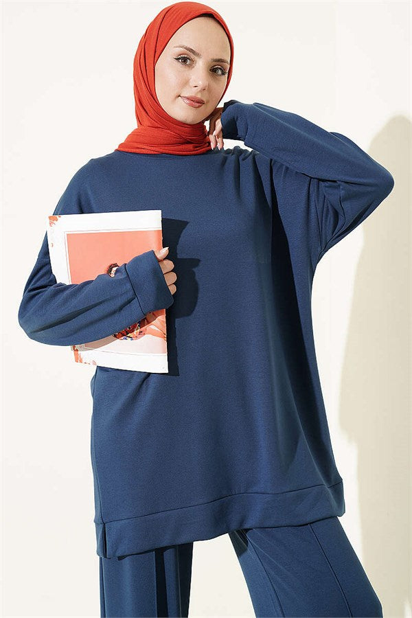 Crew Neck Slit Basic 2 Piece Set Navy Blue