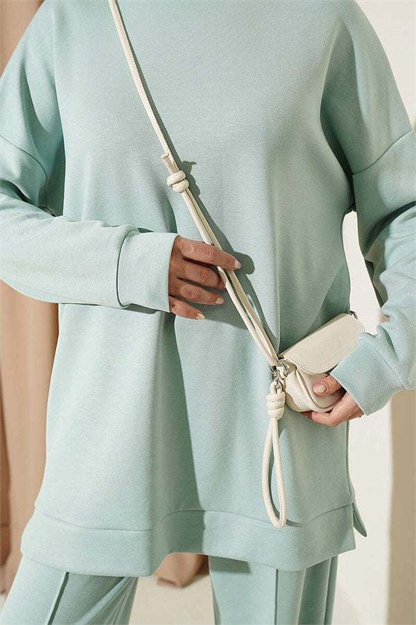 Crew Neck Slit Basic 2 Piece Set, Aqua Green