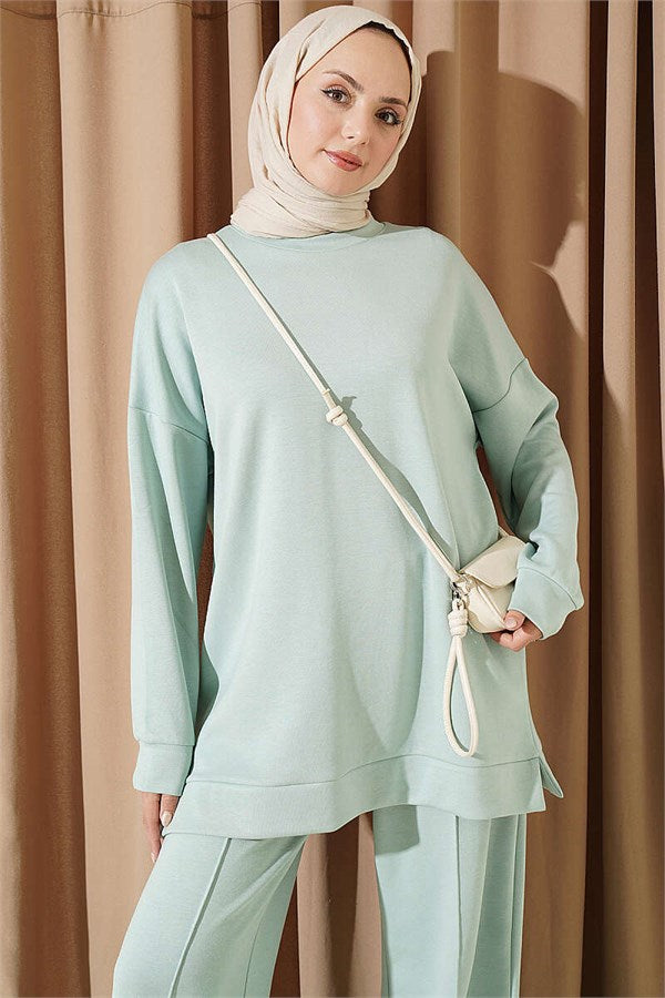 Crew Neck Slit Basic 2 Piece Set, Aqua Green