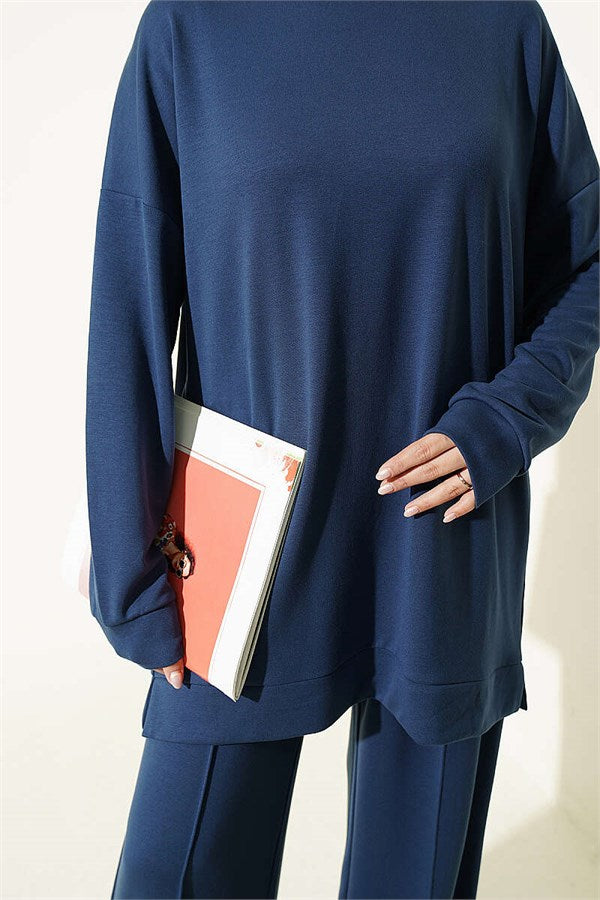 Crew Neck Slit Basic 2 Piece Set Navy Blue