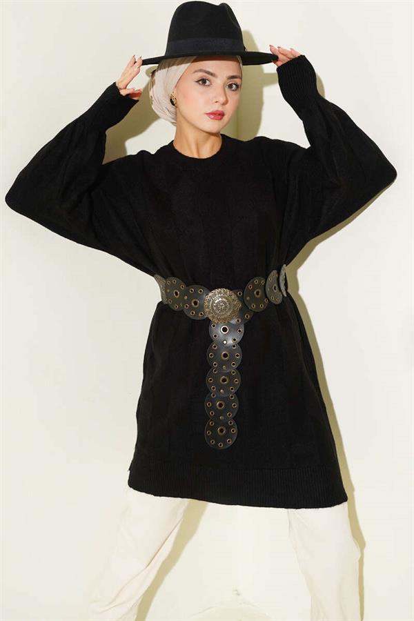 Crew Neck Soft Side Slit Knit Tunic Black