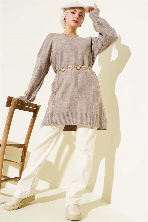 Crew Neck Soft Side Slit Knitwear Tunic Mink