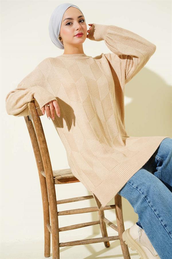 Crew Neck Soft Side Slit Knit Tunic Latte