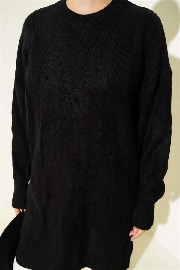 Crew Neck Soft Side Slit Knit Tunic Black