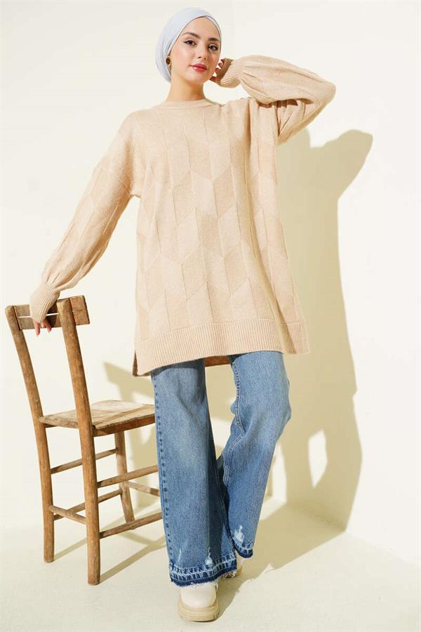 Crew Neck Soft Side Slit Knit Tunic Latte