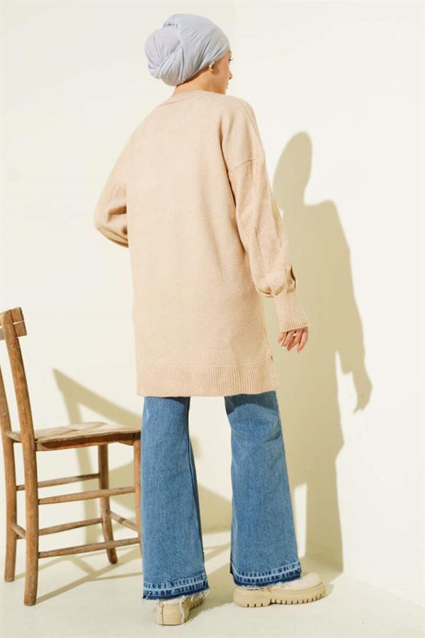 Crew Neck Soft Side Slit Knit Tunic Latte
