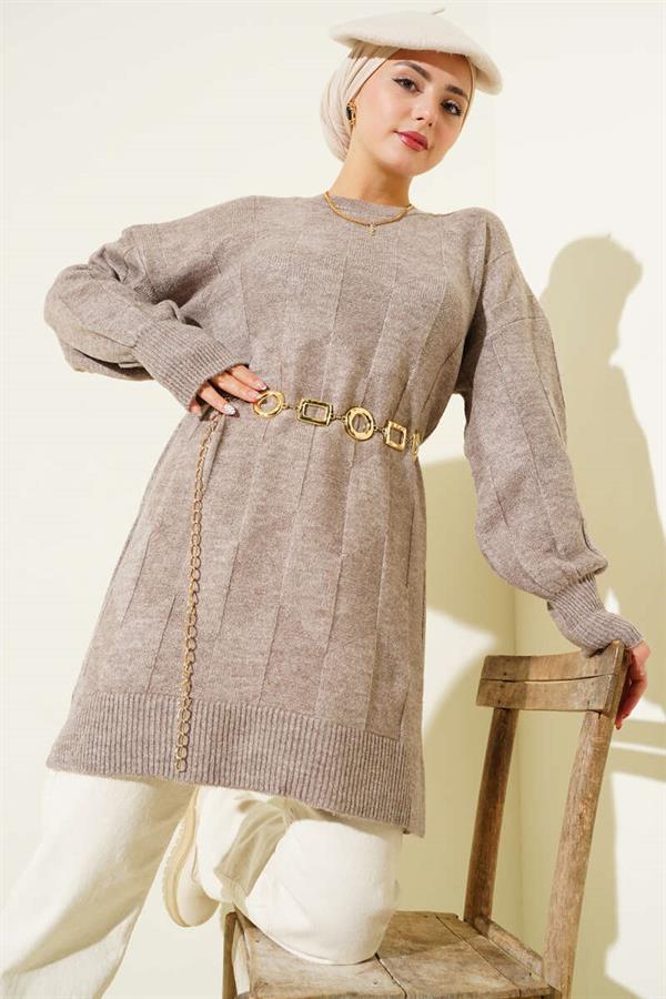 Crew Neck Soft Side Slit Knitwear Tunic Mink