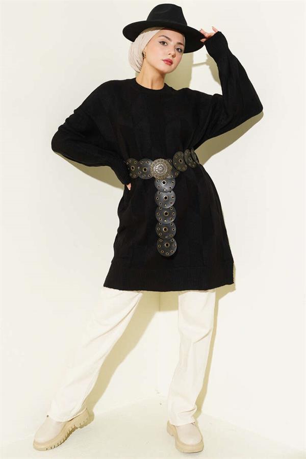 Crew Neck Soft Side Slit Knit Tunic Black