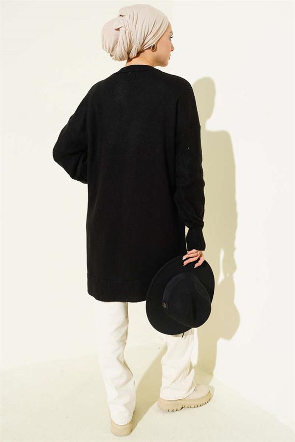 Crew Neck Soft Side Slit Knit Tunic Black