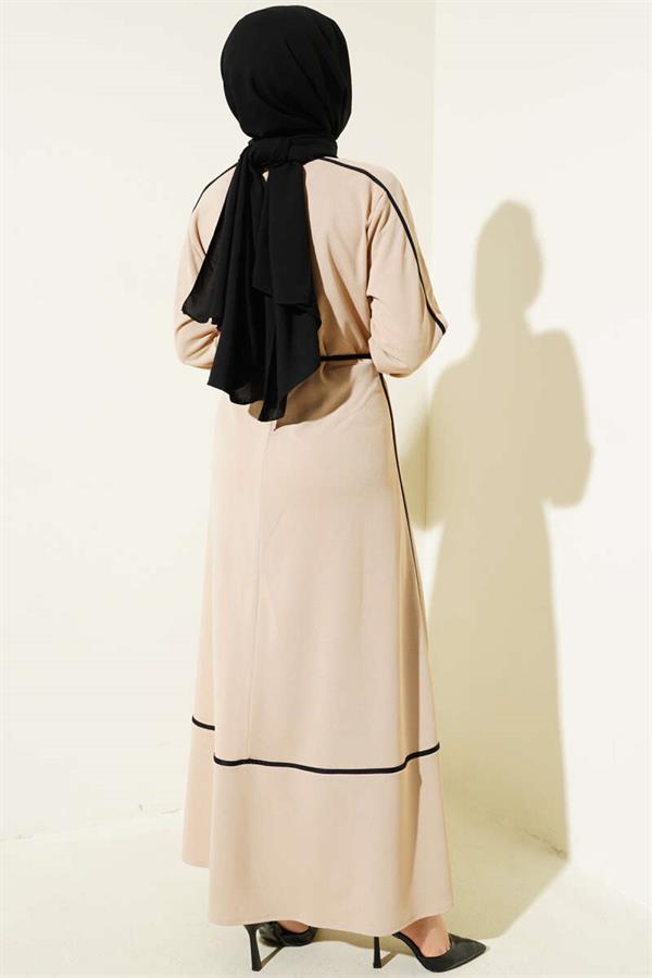 Floral Accessory Dress with Piping Detail Beige