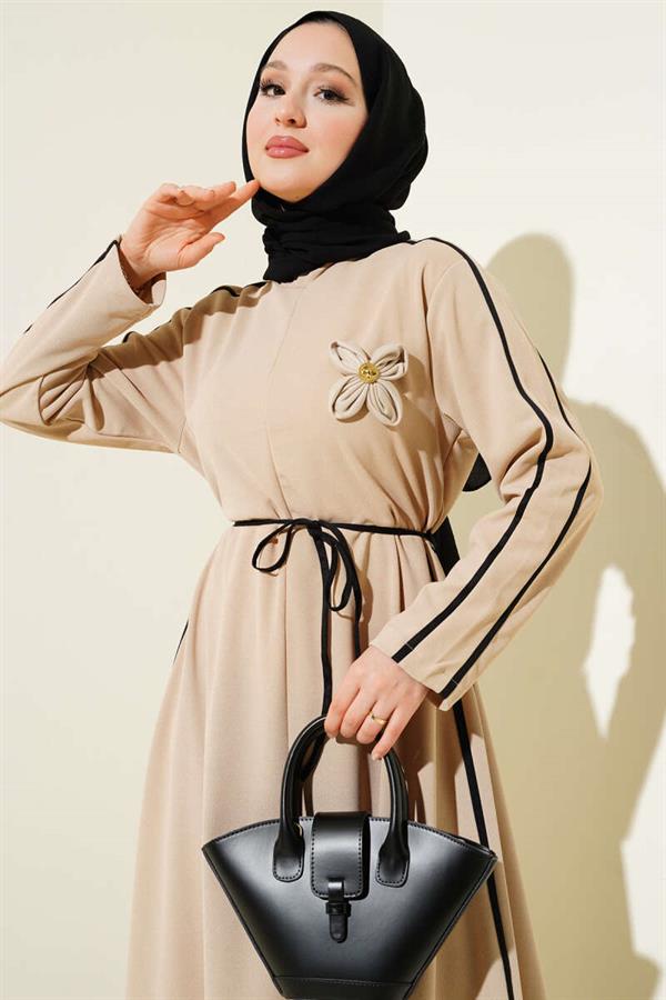 Floral Accessory Dress with Piping Detail Beige