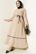 Floral Accessory Dress with Piping Detail Beige