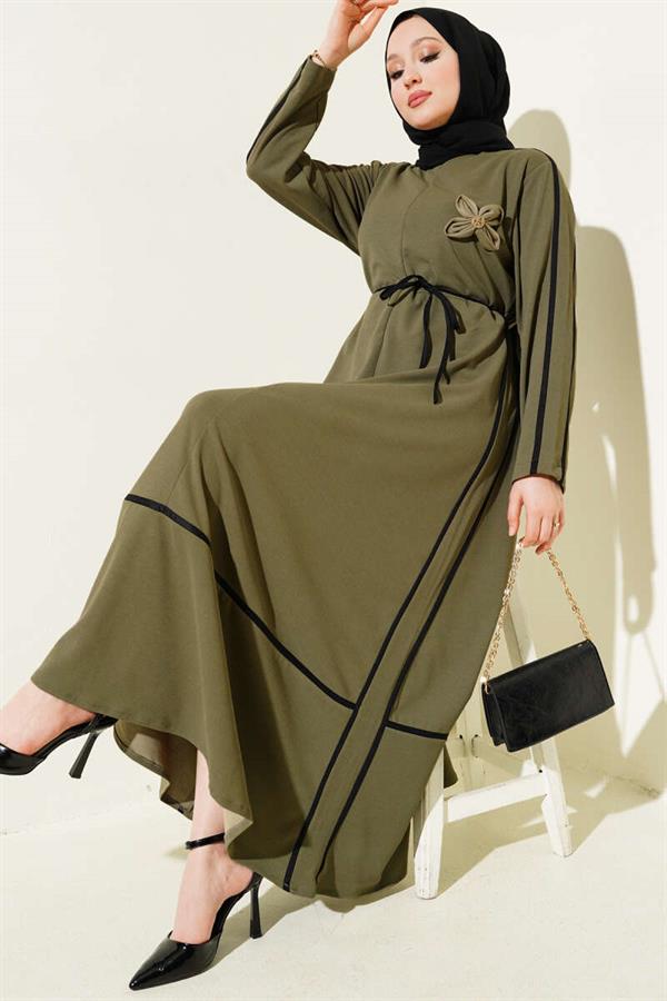 Piping Detailed Flower Accessory Dress Khaki