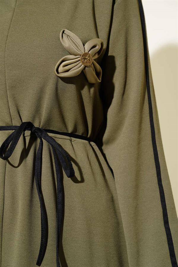 Piping Detailed Flower Accessory Dress Khaki