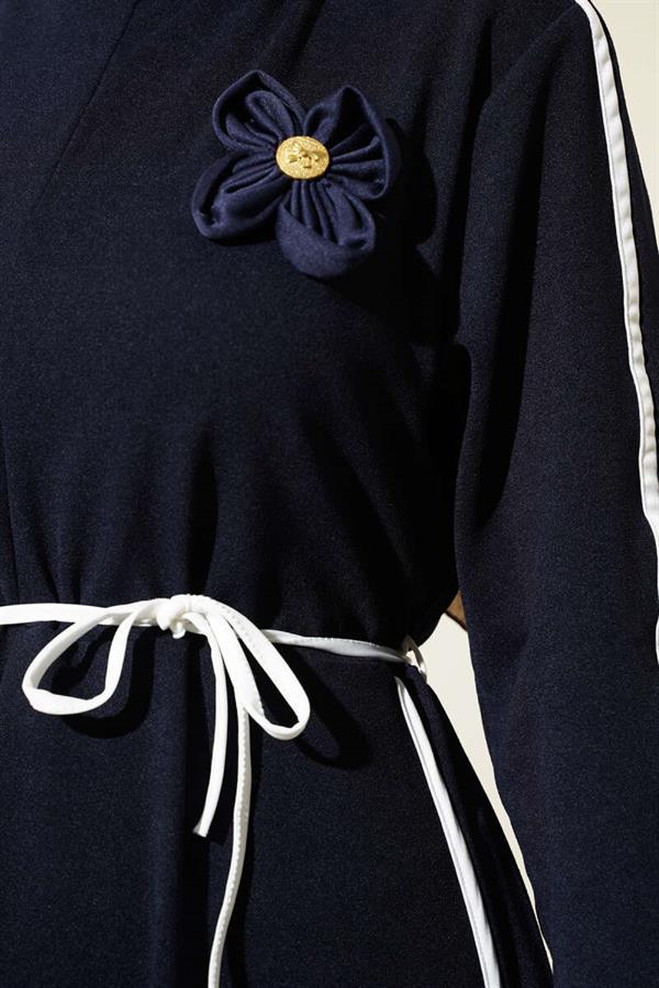 Navy Blue Dress with Floral Accessory and Piping Detail