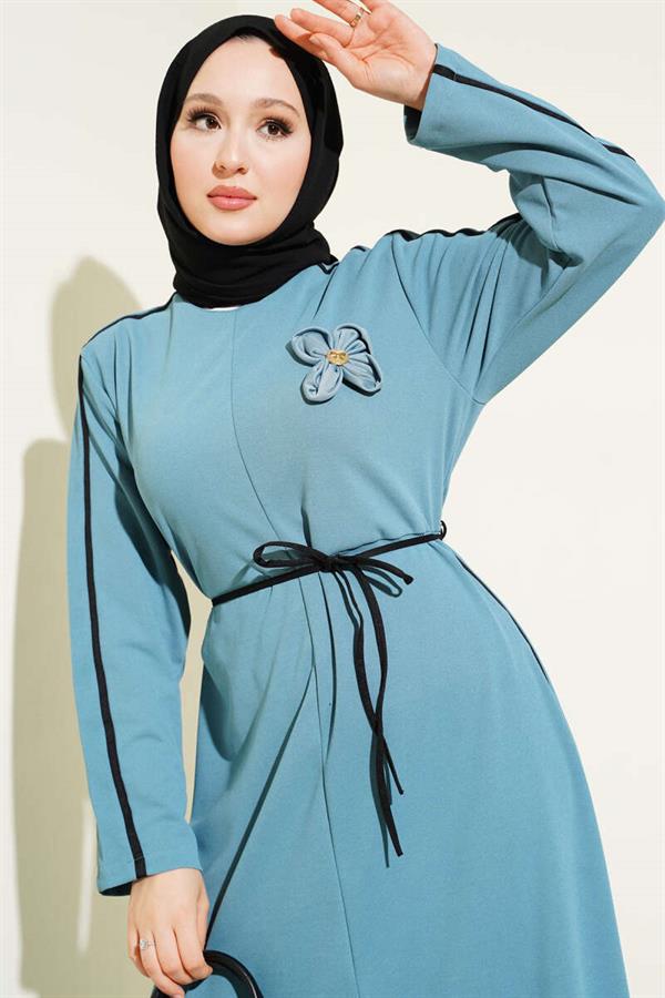 Blue Dress with Floral Accessory and Piping Detail