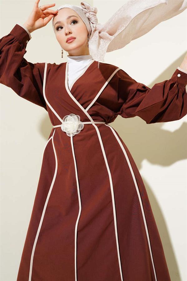 Poplin Dress with Piping Detail and Rose Belt, Brown