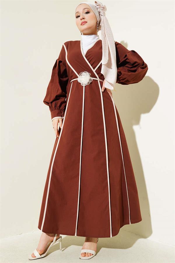 Poplin Dress with Piping Detail and Rose Belt, Brown