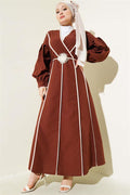 Poplin Dress with Piping Detail and Rose Belt, Brown