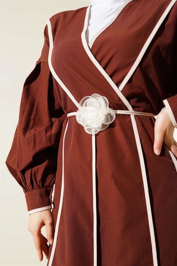 Poplin Dress with Piping Detail and Rose Belt, Brown