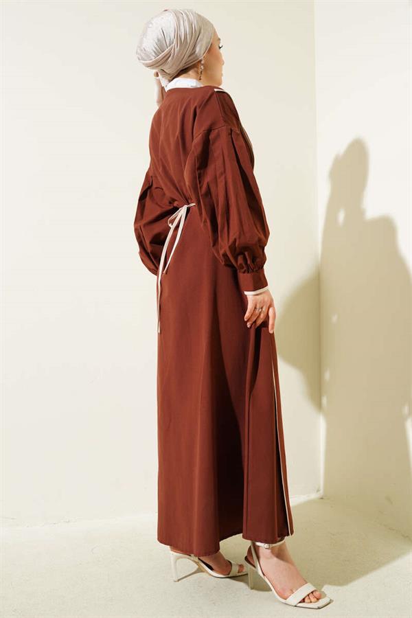 Poplin Dress with Piping Detail and Rose Belt, Brown