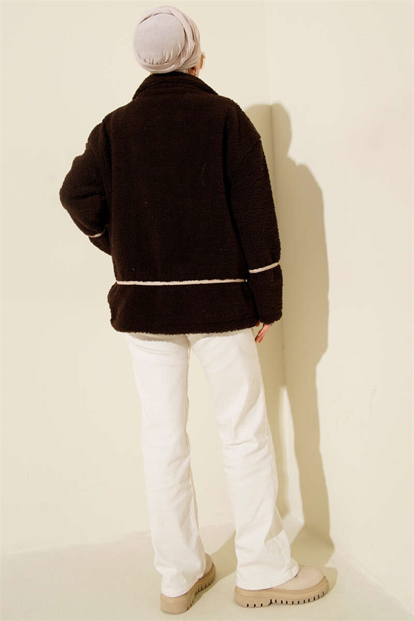 Plush Jacket with Piping Trim, Coffee