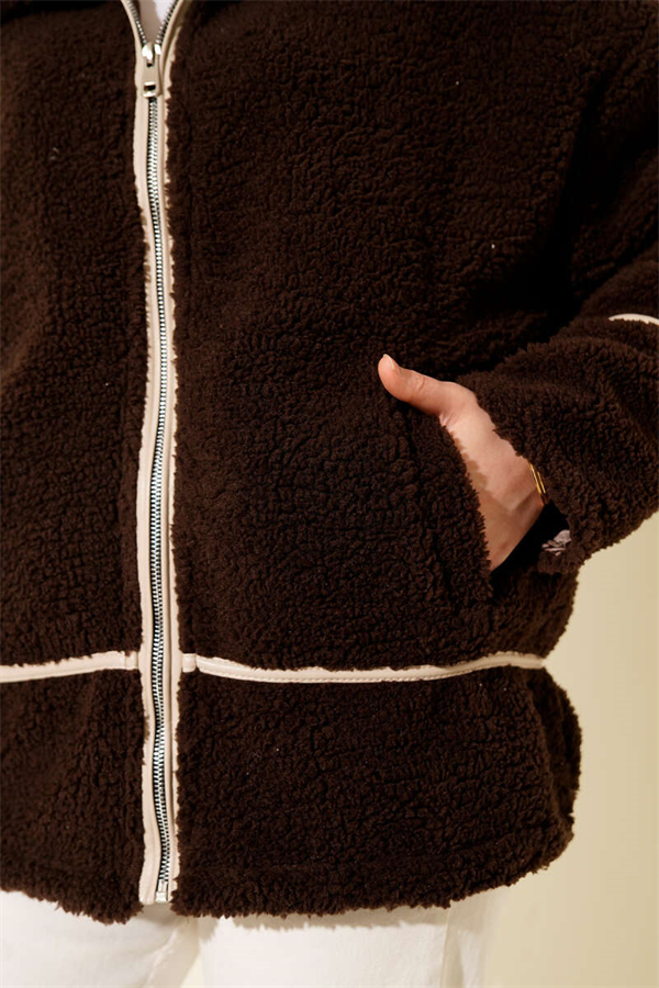 Plush Jacket with Piping Trim, Coffee
