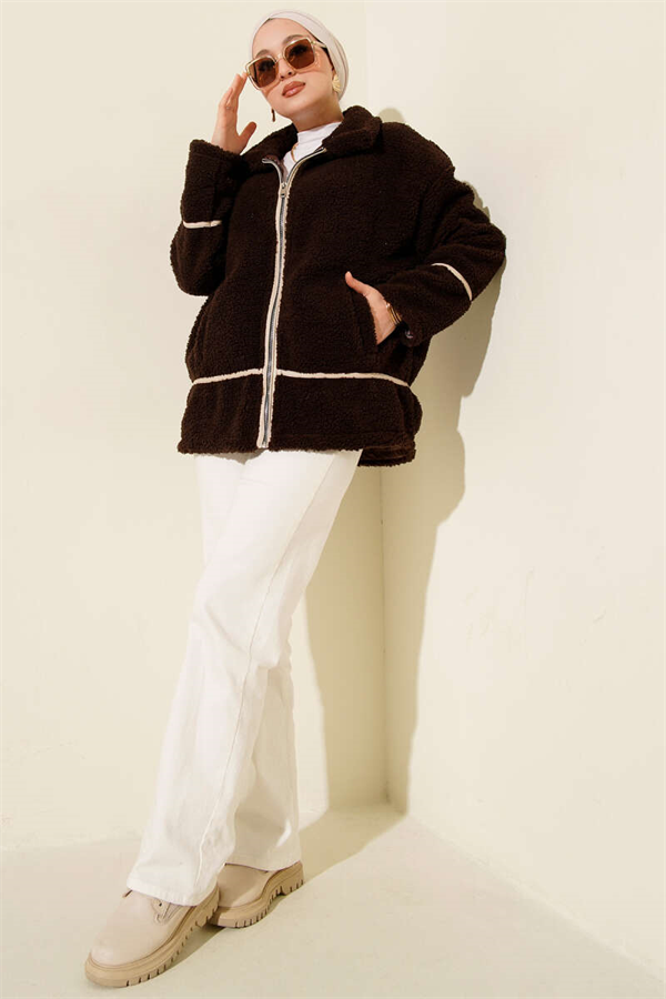 Plush Jacket with Piping Trim, Coffee