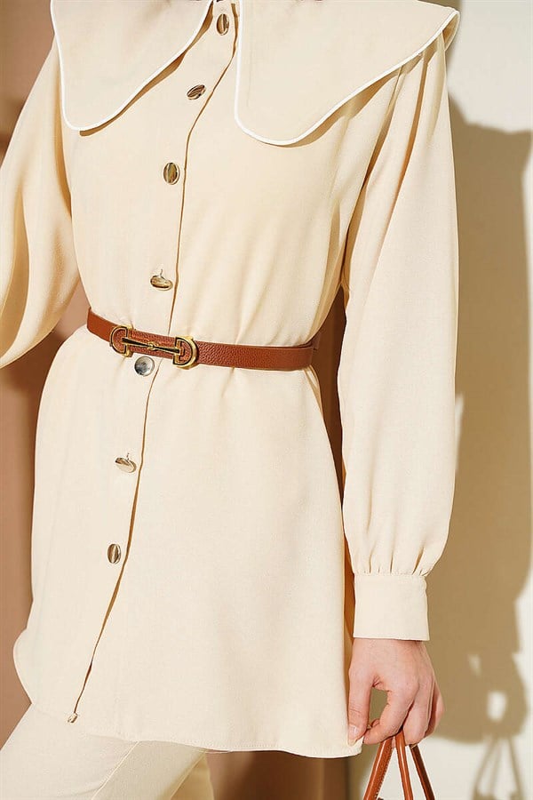 Piped Peter Pan Collar 2 Piece Set, Beige