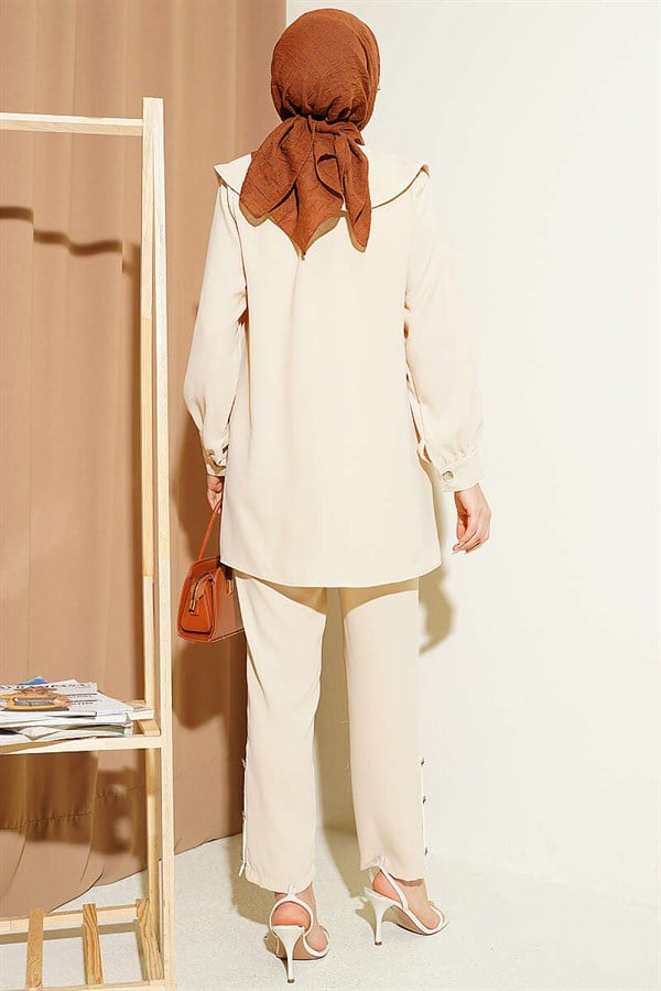 Piped Peter Pan Collar 2 Piece Set, Beige
