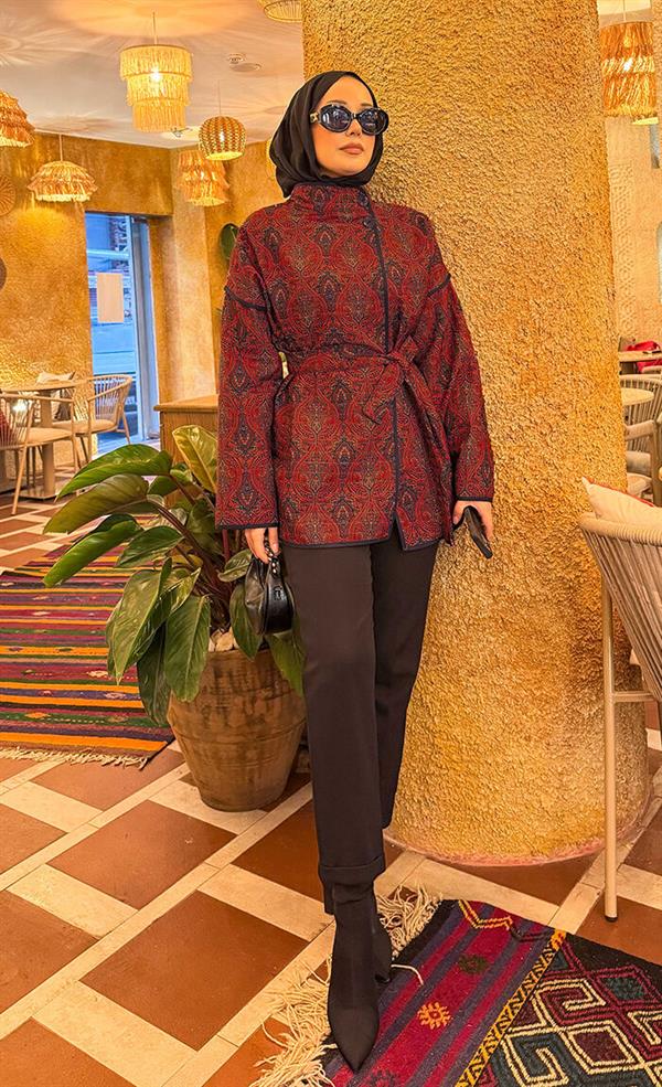 Ethnic Pattern Quilted Jacket with Piping -11